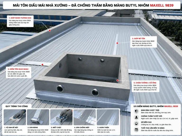 Quy Trình Chống Thấm Mái Tôn Giấu Mái Bằng Màng Butyl Maxell Phủ Nhôm 9839 Chuẩn Kỹ Thuật